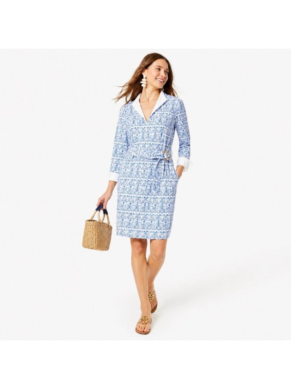 J MCLAUGHLIN DANIELLE DRESS blue floral catalina cloth LARGE belt knit nautical